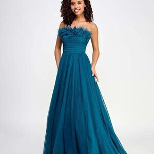 City Studio Juniors' Flower-Neck Ruched Strapless Ballgown Teal Size 13/14